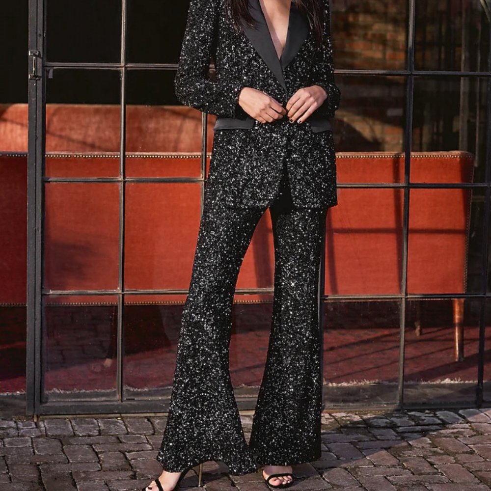 Express Black Super High Waisted Sequin Flare Pant XS & S